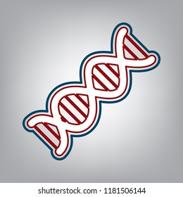 The DNA sign. Vector. Dark red, transparent and midnight green stroke of white icon at grayish background.