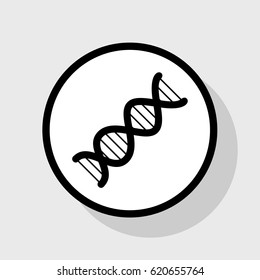 The DNA sign. Vector. Flat black icon in white circle with shadow at gray background.