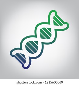 The DNA sign. Vector. Green to blue gradient contour icon at grayish background with light in center.
