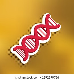 The DNA sign. Vector. Magenta icon with darker shadow, white sticker and black popart shadow on golden background.