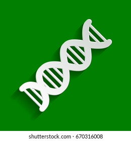 The DNA sign. Vector. Paper whitish icon with soft shadow on green background.