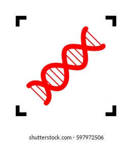 The DNA sign. Vector. Red icon inside black focus corners on white background. Isolated.