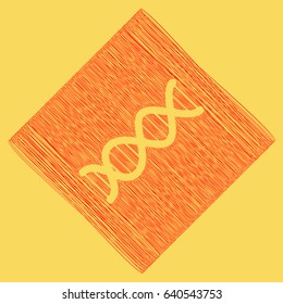 The DNA sign. Vector. Red scribble icon obtained as a result of subtraction rhomb and path. Royal yellow background.