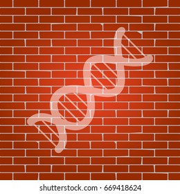 The DNA sign. Vector. Whitish icon on brick wall as background.