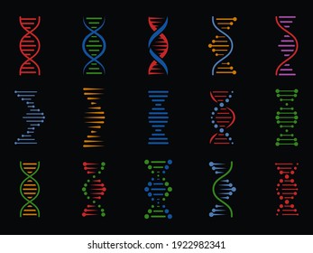 DNA signs. Human chromosome genetic spiral structure, genome helix. Biotechnology molecular icons, isolated vector elements. Human genetic variation colorful icons. Medical and biological research