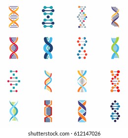 DNA signs, symbols and logo set, isolated on white background, vector illustration.