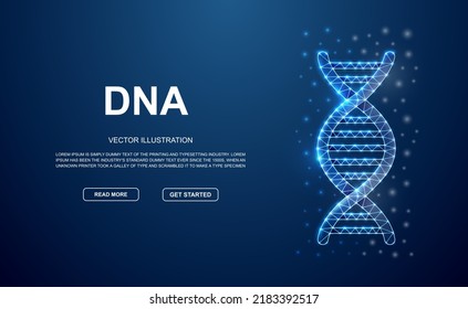 Símbolo de polos bajos de la espiral de ADN 3d con puntos conectados para la página de aterrizaje azul. Concepto de ilustración de diseño biotecnológico. Ilustración de helix genética poligonal