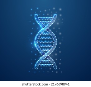 DNA Spiral 3d Symbol In Blue Low Poly Style. Biotech, Science, Genome Design Concept Illustration. Genetic Helix Polygonal Wireframe.