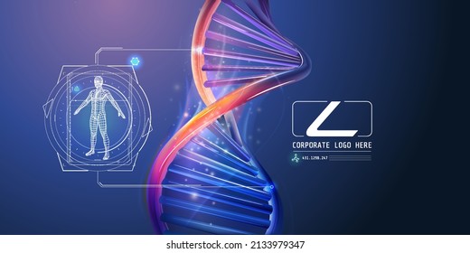 DNA spiral with abstract corporate infographics about human health research.