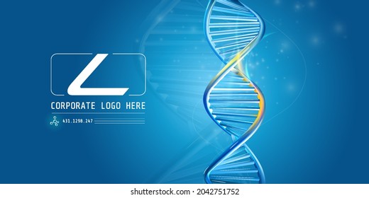 DNA spiral with abstract corporate logo on a blue background.