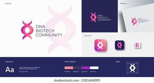 DNA Spiral Abstract Vector Sign Symbol Logo Template. Concept Identity Guide with Modern Typography Realistic Mock Up. Modern Technology, Medicine or Biotechnology Emblem. Isolated