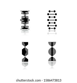 DNA spiral chains drop shadow black glyph icons set. Deoxyribonucleic, nucleic acid helix. Spiraling strands. Chromosome. Molecular biology. Genetic code. Genetics. Isolated vector illustrations