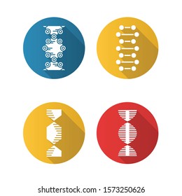 DNA Spiral Chains Flat Design Long Shadow Glyph Icons Set. Deoxyribonucleic, Nucleic Acid Helix. Spiraling Strand. Chromosome. Molecular Biology. Genetic Code. Genetics. Vector Silhouette Illustration