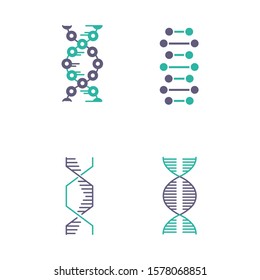 DNA spiral chains violet and turquoise color icons set. Deoxyribonucleic, nucleic acid helix. Chromosome. Molecular biology. Genetic code. Genome. Genetics. Medicine. Isolated vector illustrations