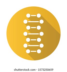 DNA spiral chains yellow flat design long shadow glyph icon. Connected dots, lines. Deoxyribonucleic, nucleic acid helix. Chromosome. Molecular biology. Genetic code. Vector silhouette illustration