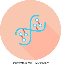 DNA spiral in circle icon with long shadows. Deoxyribonucleic, nucleic acid helix. Spiraling strands. Chromosome. Molecular biology. Genetic code. Genome. Genetics. Isolated vector illustration.