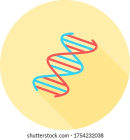 DNA spiral in circle icon with long shadows. Deoxyribonucleic, nucleic acid helix. Spiraling strands. Chromosome. Molecular biology. Genetic code. Genome. Genetics. Isolated vector illustration.