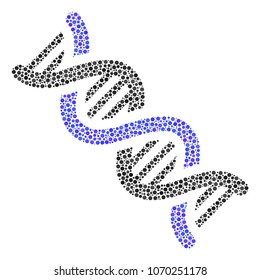 DNA Spiral composition of small circles in different sizes and color tones. Circle elements are combined into dna spiral vector collage. Dotted vector illustration.