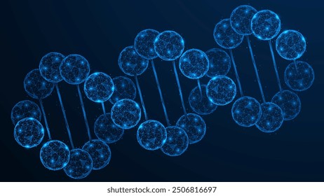 A DNA spiral consisting of spheres. Polygonal design of interconnected lines and dots. Blue background.