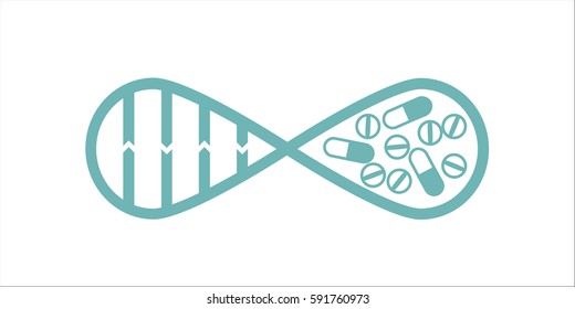 Dna spiral and drugs forming infinity symbol monochrome concept. Stock vector illustration for company identity in healthcare, medicine and biology, life extension science, gene therapy.