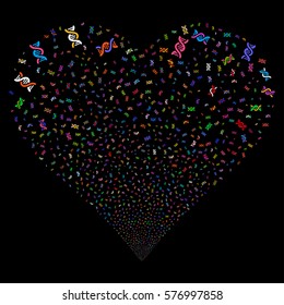 DNA Spiral fireworks with heart shape. Vector illustration style is flat bright multicolored iconic symbols on a black background. Object love heart made from random pictograms.