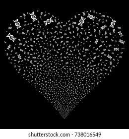 DNA Spiral fireworks with heart shape. Vector illustration style is flat white iconic symbols on a black background. Object valentine heart combined from scattered icons.