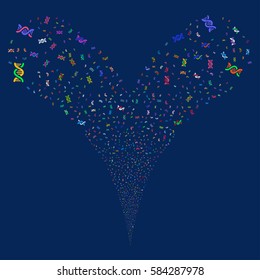 DNA Spiral fireworks stream. Vector illustration style is flat bright multicolored iconic symbols on a blue background. Object double fountain done from random symbols.