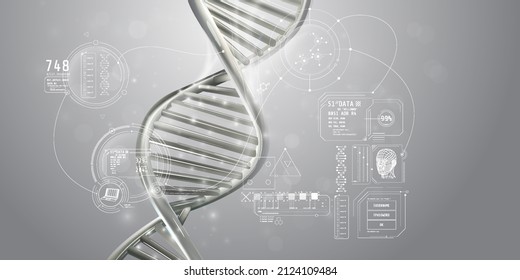 DNA spiral and genetic data infographics in light gray colors.