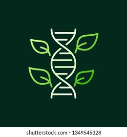 Espiral de ADN con el concepto de hojas verdes icono o logotipo en línea delgada sobre fondo oscuro