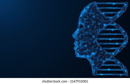 DNA spiral with a human face. Scientific genetic research. Genealogical information. Polygonal design of interconnected lines and points. Blue background.