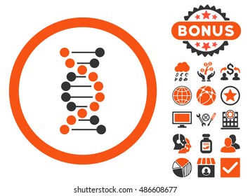 DNA Spiral icon with bonus pictogram. Vector illustration style is flat iconic bicolor symbols, orange and gray colors, white background.