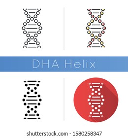 DNA spiral icon. Connected dots, lines. Deoxyribonucleic, nucleic acid helix. Chromosome. Molecular biology. Genetic code. Genetics. Flat design, linear and color styles. Isolated vector illustrations
