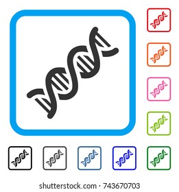DNA Spiral icon. Flat grey iconic symbol inside a blue rounded rectangular frame. Black, gray, green, blue, red, orange color variants of DNA Spiral vector. Designed for web and application UI.