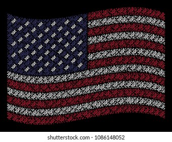 DNA spiral icons are grouped into waving American flag stylization on a dark background. Vector composition of USA state flag is designed with DNA spiral elements.