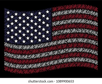 DNA spiral items are arranged into waving United States flag stylization on a dark background. Vector concept of USA state flag is organized of DNA spiral elements.