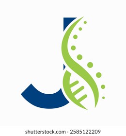 DNA Spiral Logo On Letter J For Healthcare Sign Vector Template 