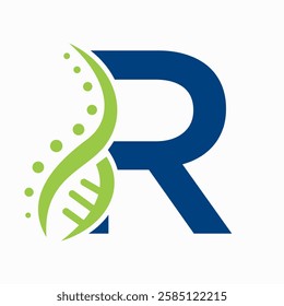 DNA Spiral Logo On Letter R For Healthcare Sign Vector Template 