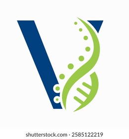 DNA Spiral Logo On Letter V For Healthcare Sign Vector Template 