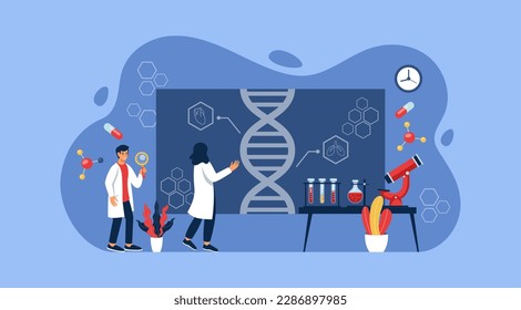 DNA spiral model. Lab research. Chromosome evolution. Microscopic microbiology in laboratory. Biochemistry cells. Men study genetics. Scientific experiments. Vector tidy illustration