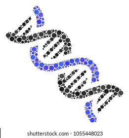 DNA Spiral mosaic of circle dots in various sizes and color tones. Filled circles are organized into dna spiral vector composition. Vector illustration.