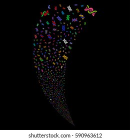 DNA Spiral random fireworks stream. Vector illustration style is flat bright multicolored iconic symbols on a black background. Object fountain done from scattered icons.