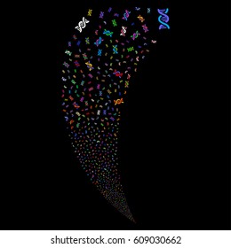 DNA Spiral random fireworks stream. Vector illustration style is flat bright multicolored iconic symbols on a black background. Object fountain combined from scattered pictograms.