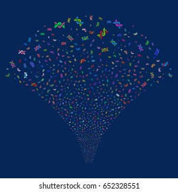 DNA Spiral salute stream. Vector illustration style is flat bright multicolored iconic symbols on a blue background. Object source fountain created from random icons.