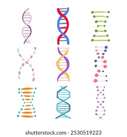 desenho animado do conjunto espiral de dna. cromossomas de replicação, mutação de sequência, transcrição tradução do sinal espiral de dna. ilustração vetorial de símbolo isolado