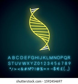 DNA spiral strand neon light icon. Deoxyribonucleic, nucleic acid helix. Molecular biology. Genetic code. Genetics. Glowing sign with alphabet, numbers and symbols. Vector isolated illustration