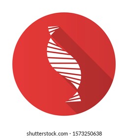 DNA spiral strand red flat design long shadow glyph icon. Deoxyribonucleic, nucleic acid helix stripes. Chromosome. Molecular biology. Genetic code. Genome. Genetics. Vector silhouette illustration