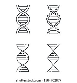 DNA spiral strands linear icons set. Deoxyribonucleic, nucleic acid helix. Molecular biology. Genetic code. Genetics. Thin line contour symbols. Isolated vector outline illustrations. Editable stroke