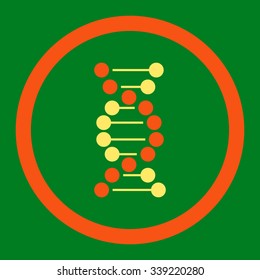DNA Spiral vector icon. Style is bicolor flat rounded symbol, orange and yellow colors, rounded angles, green background.
