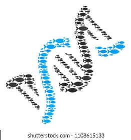 DNA spiral vector mosaic constructed with randomized fish components in different sizes. Fish icons are formed into abstract DNA spiral representaion.