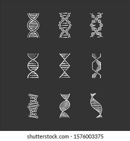 DNA spirals chalk icons set. Deoxyribonucleic, nucleic acid helix. Spiraling strands. Chromosome. Molecular biology. Genetic code. Genome. Genetics. Medicine. Isolated vector chalkboard illustrations